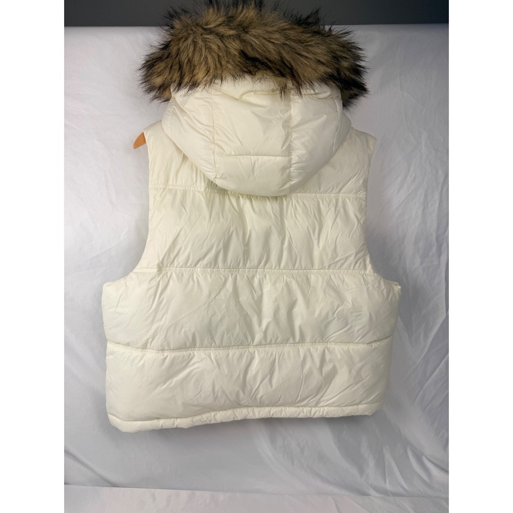 American Eagle XL Cream Quilted Puffer Vest Faux Fur Hood Full Zip Women's - Picture 2 of 12
